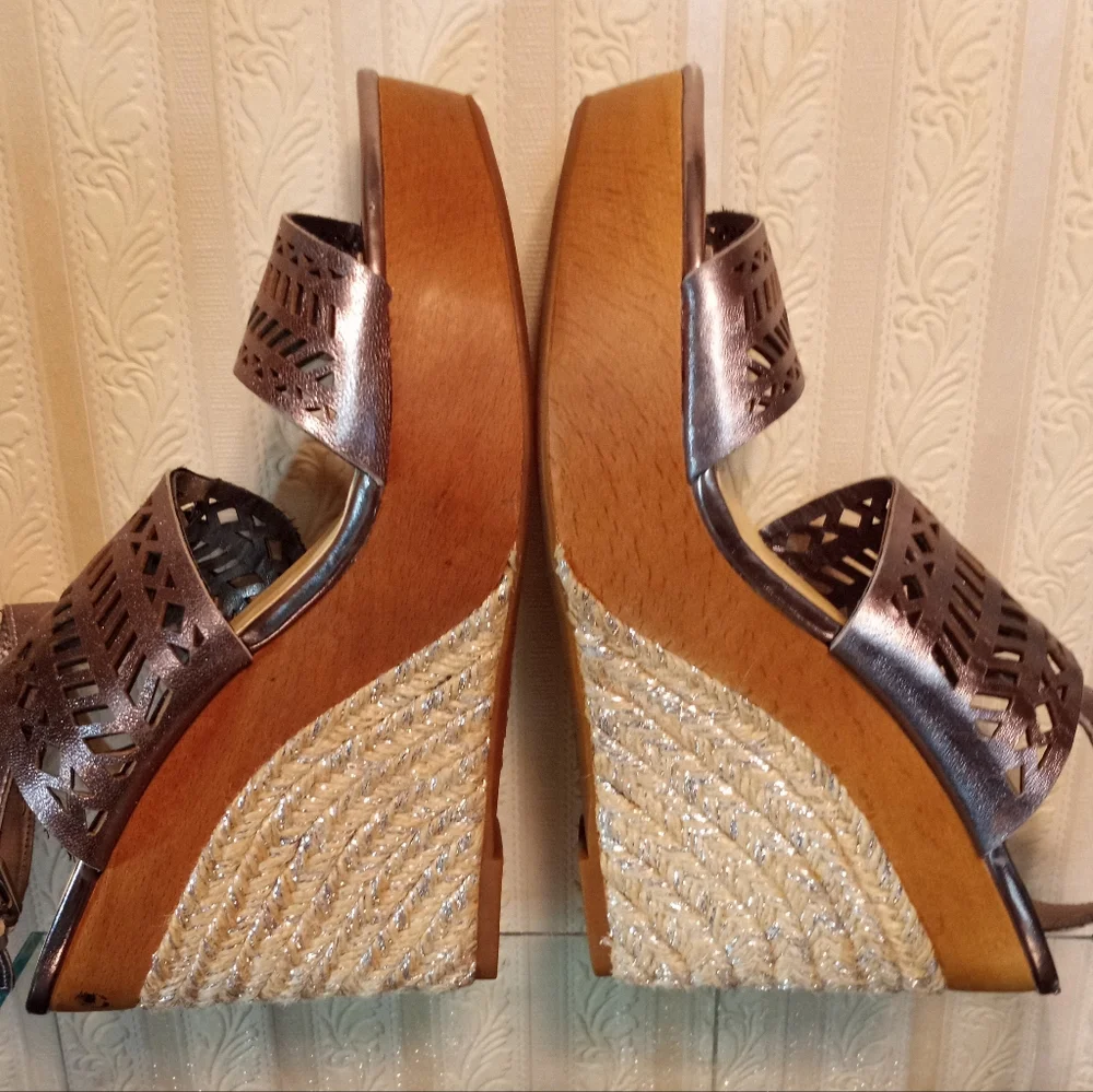 Lauren Ralph Lauren Georgina Espadrille Gold Wedge Leather Sandals Size 8.5 - Picture 5 of 12